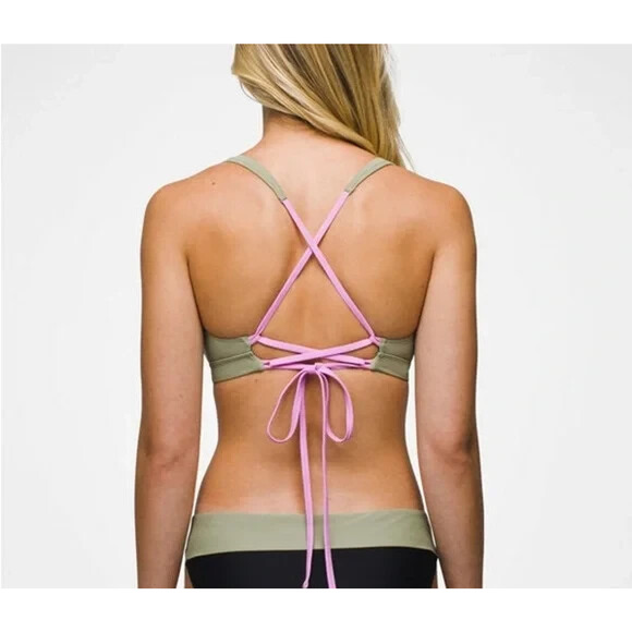 Prana Swimsuit Bikini Top Womens Small Tulum Black Color Block Pink Green - Picture 2 of 11